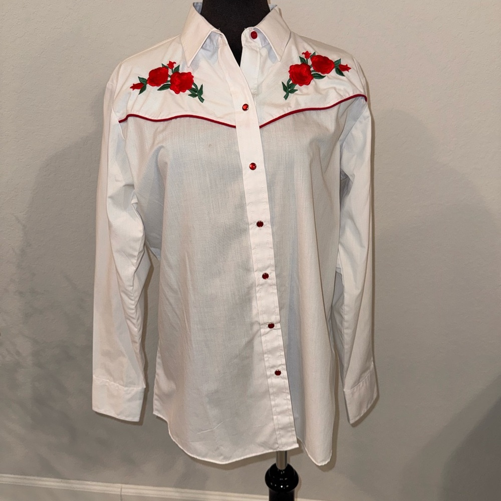 White Embroidered Womens Shirt with Red Accents